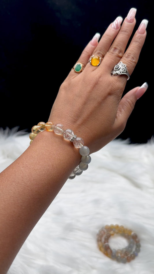 Golden Healer, Rutilated Quartz & Labradorite Crystal Bracelet – 10mm Beads, Stretch Cord, Sterling Silver Charm