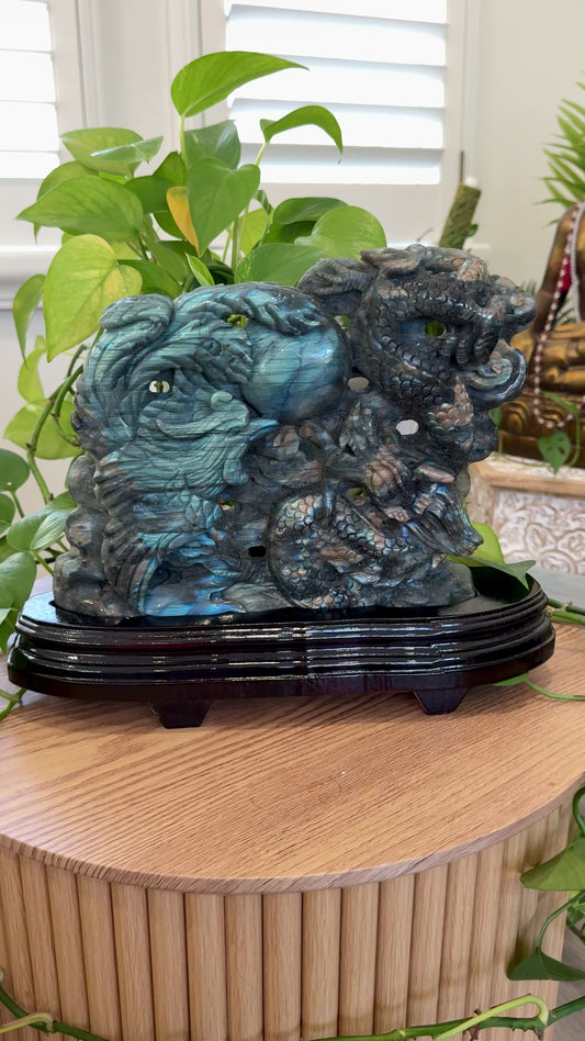Large Labradorite Phoenix & Dragon Harmony Carving with Pearl, Blue Gold Flash, 1.5kg, 10×13" – Custom Wooden Stand Included