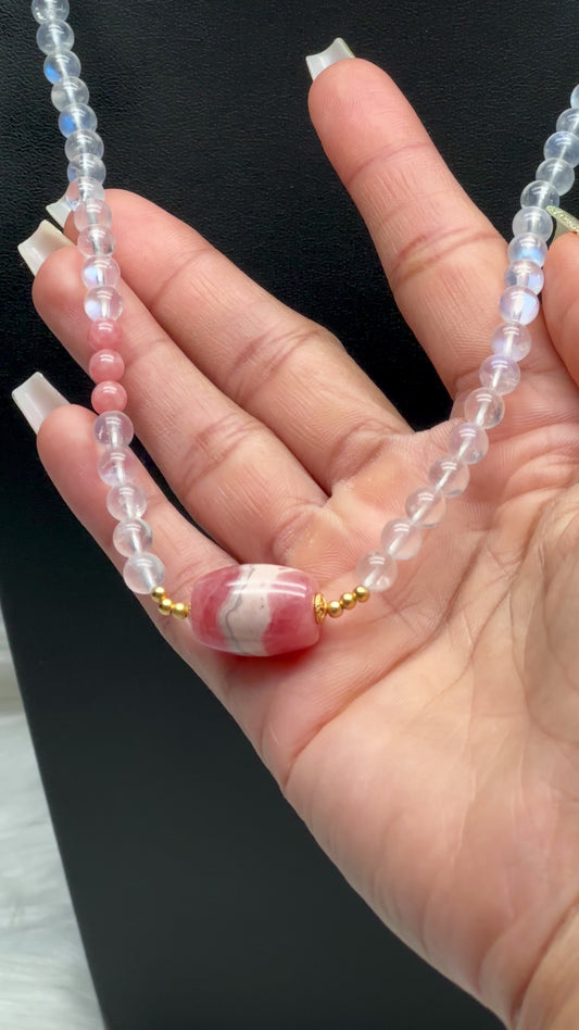 High-Quality Moonstone & Rhodochrosite Pendant – 3-Layer Stretch Bracelet or Necklace | Versatile Crystal Jewelry