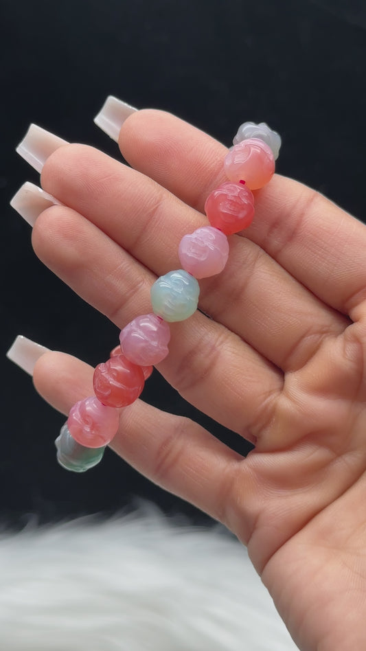 Agate Bracelet with Carved Laughing Buddha Beads – Stretchable Cord, Spiritual Crystal Jewelry