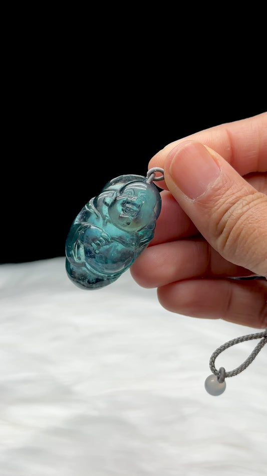 Exquisite Aquamarine Buddha Pendant – Hand-Carved Crystal Necklace on Cord | Premium Grade Aquamarine