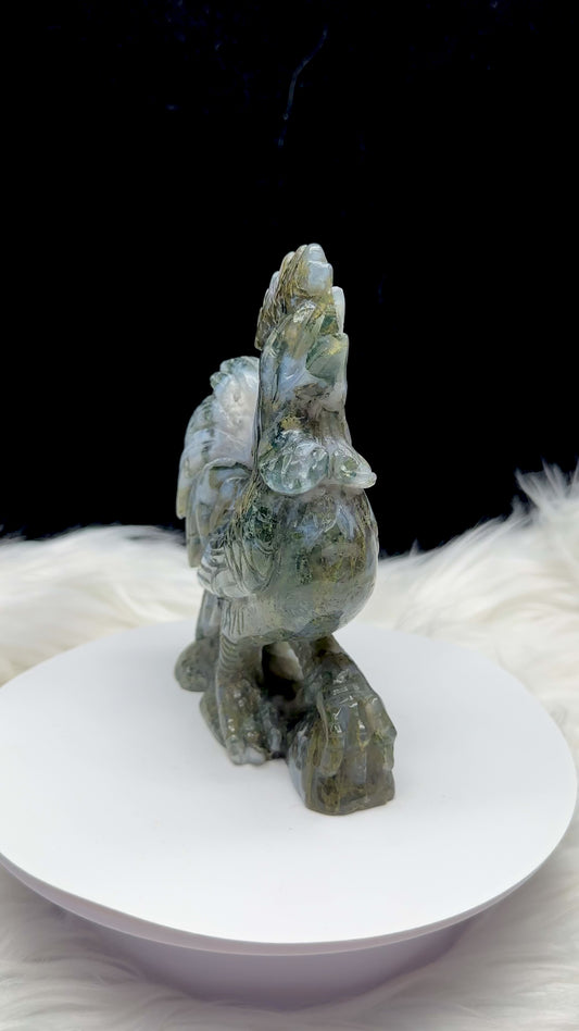 Natural High-Quality Moss Agate Crystal Rooster Carving - 6.6 Inches - Invigorate Your Space with Abundance