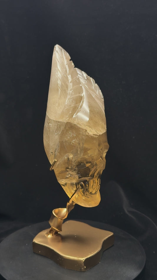 Natural High Quality Brazilian Citrine Skull Sculpture on Stand | Custom Carved Crystal Skull with Leaf Details