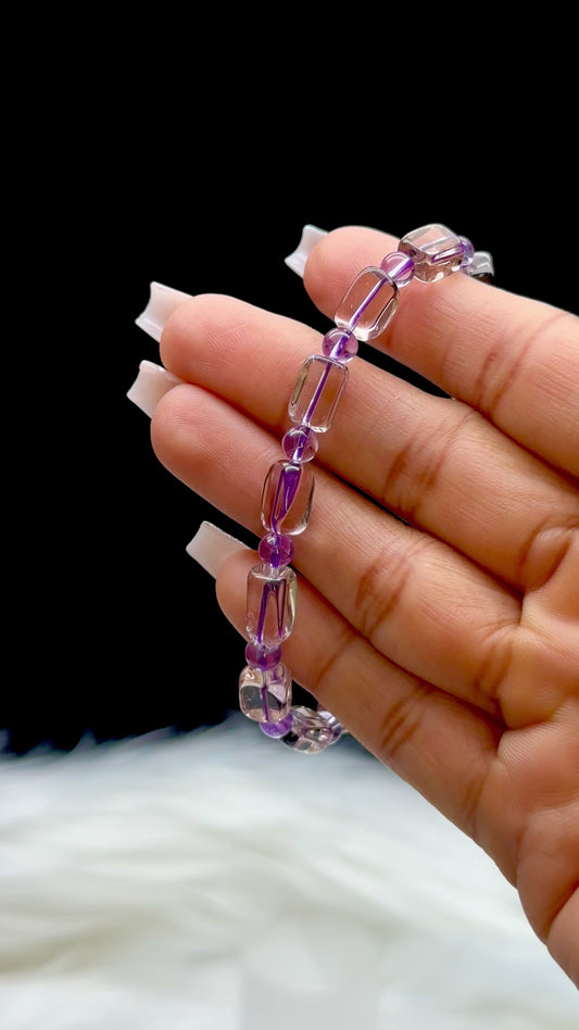 Ametrine Crystal Bracelet – Alternating Rectangle & Round Beads, Stretchable Cord, Handmade Energy Jewelry