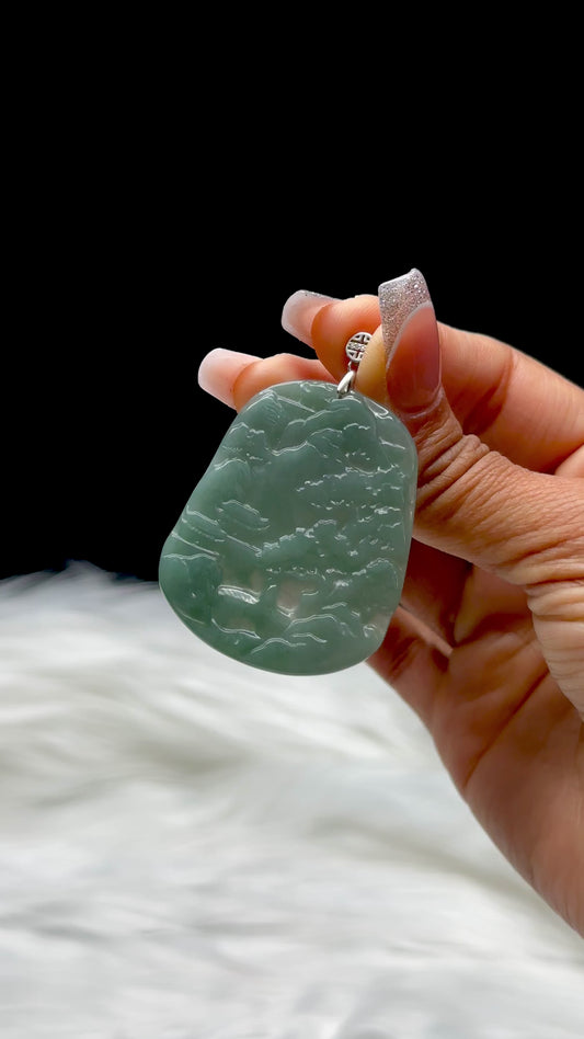High-Quality Jade Carved Pendant – Scenic Carving with Sterling Silver Hook, Natural Green Jade