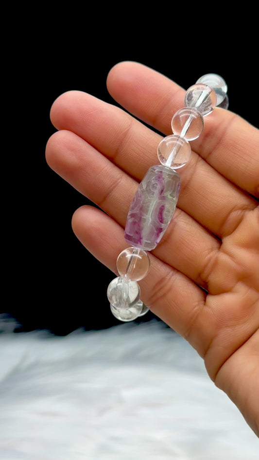 Clear Quartz Crystal Bracelet with Carved Fluorite Center Bead – 10mm Beads, Energy Healing Bracelet