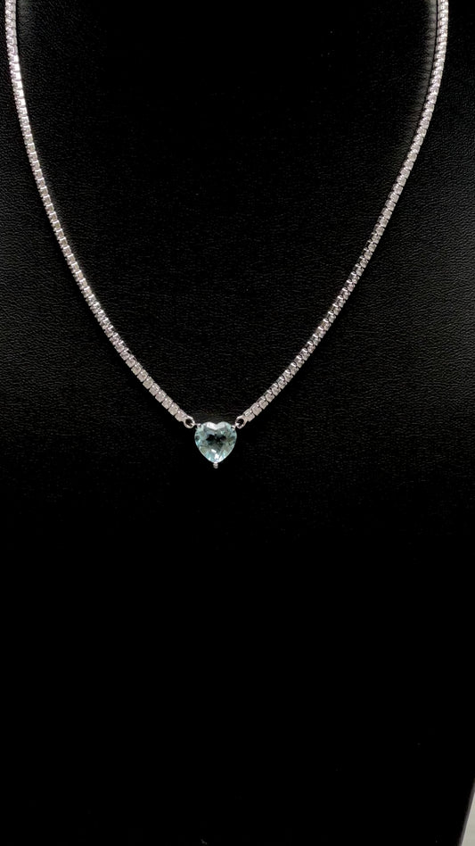 White Sapphire Tennis Necklace with Blue Topaz Heart Pendant – Sterling Silver, Elegant Crystal Necklace