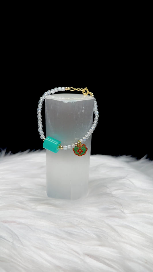 White Moonstone Crystal Bracelet with Blue Amazonite Center – Feng Shui Sterling Silver Charm, Adjustable Hook