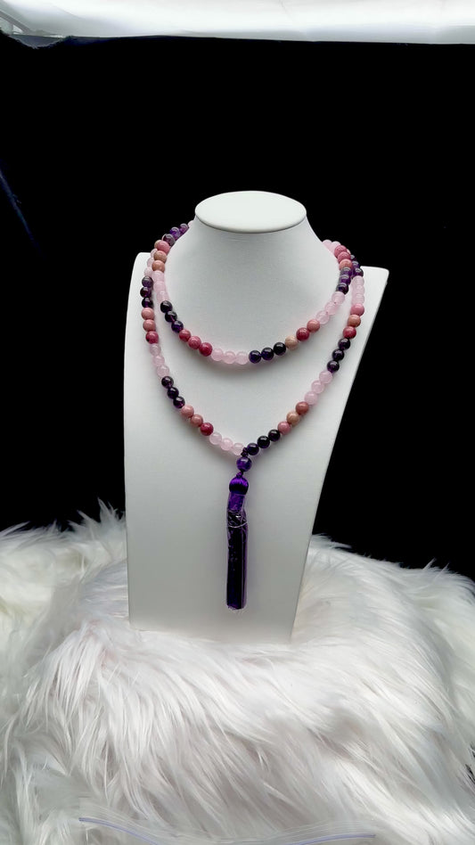 Rhodonite, Rose Quartz, and Amethyst Crystal Beaded Necklace/Mala