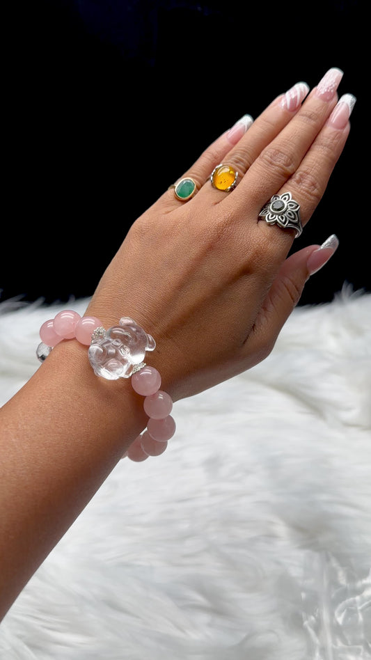 Mozambique Rose Quartz Crystal Bracelet with Clear Quartz Teddy Bear Centerpiece – Healing Crystal Jewelry