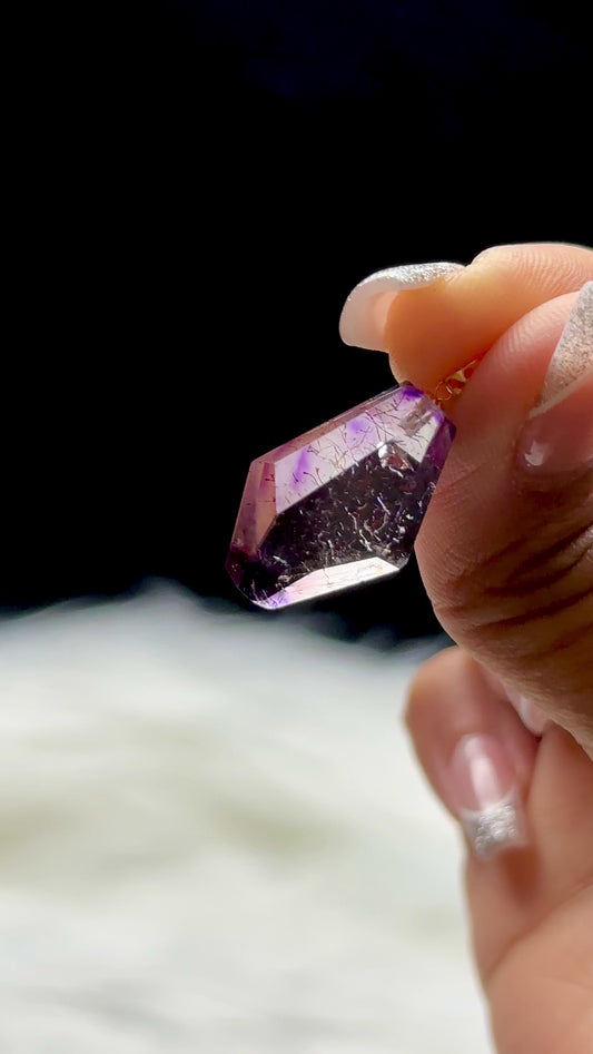 Rare Rutilated Super Seven Crystal Pendant – 18K Solid Gold Hook | High Vibration Master Healer Stone