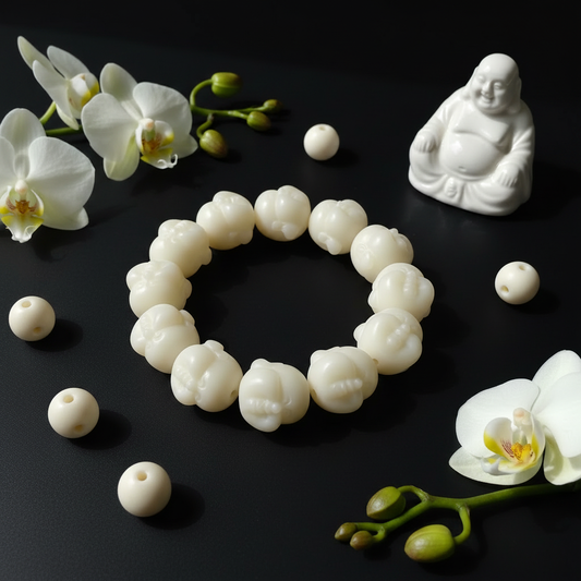 White Bodhi Buddha Bracelet Black Flat Lay