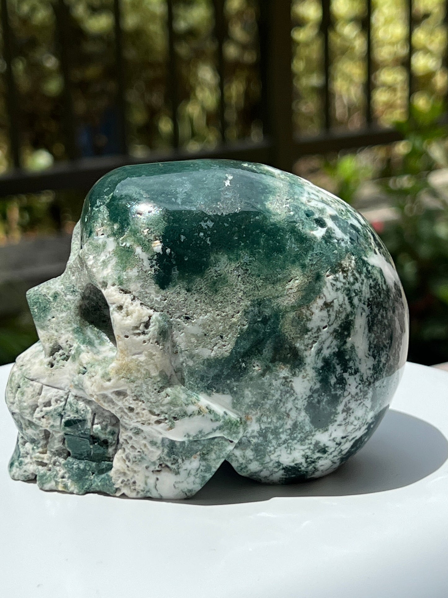 Large Moss Agate Skull - Forgiveness, Abundance, Balance - Heart Chakra Healing