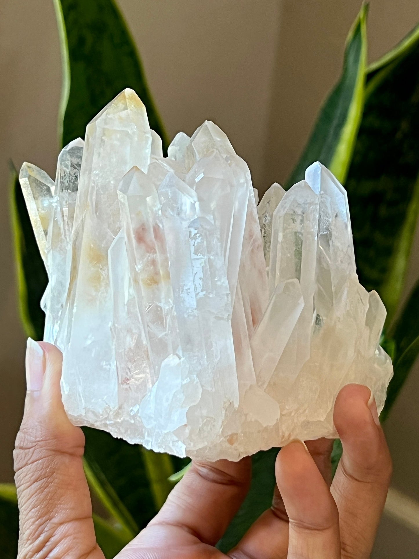 Clear quartz cluster with golden healer and Hematite inclusion