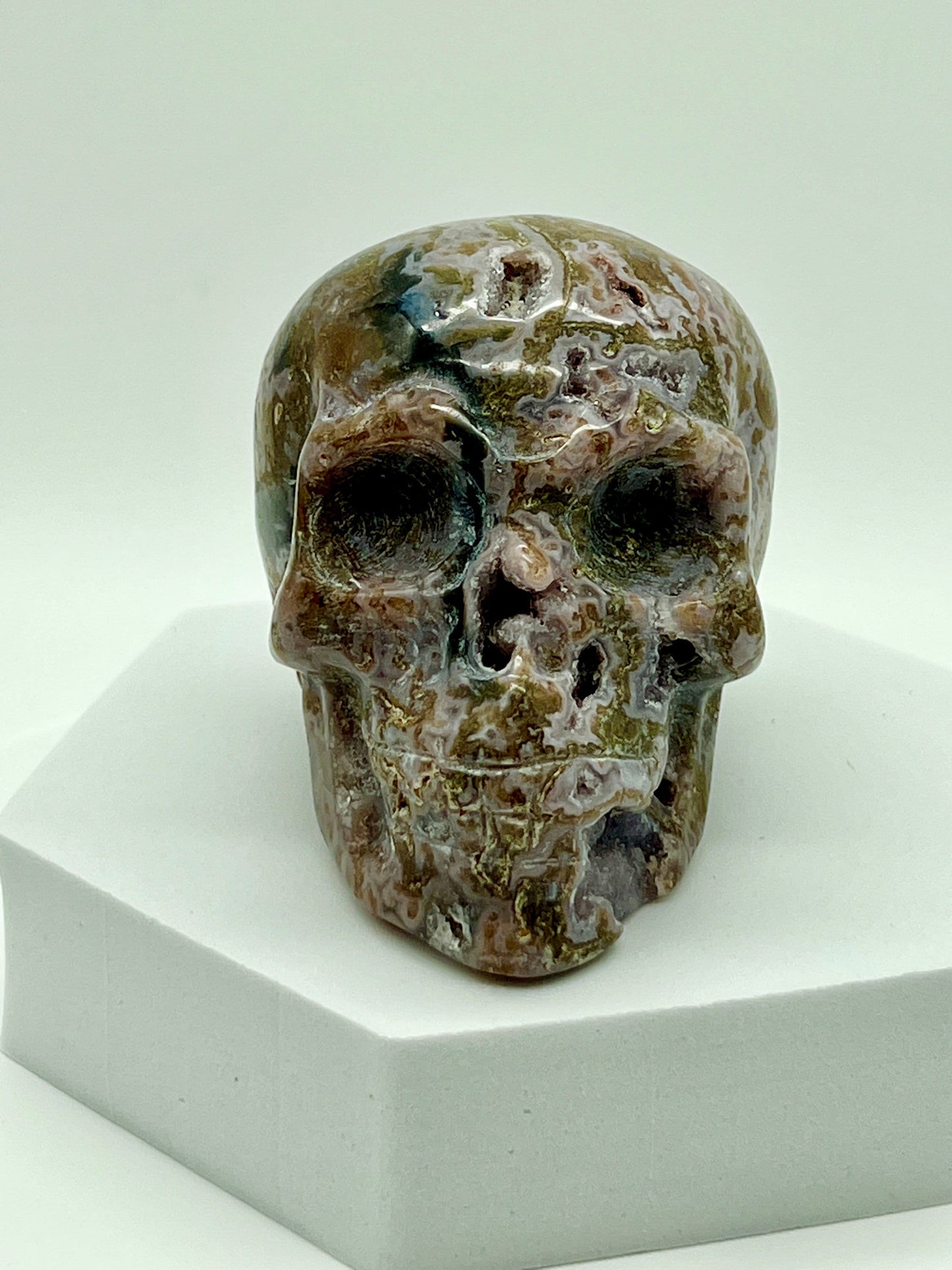 Purple moss agate skull | Druzy moss agate skull