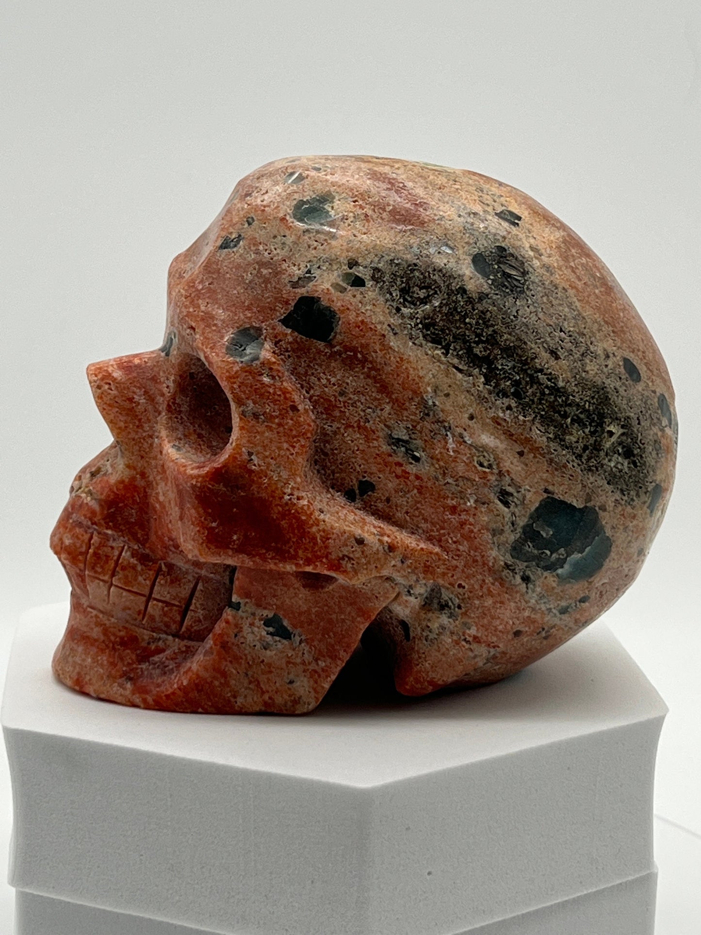 Large Sunstone with Blue Apatite Skull carving | Rare combination sunstone with blue apatite skull - 7 inches