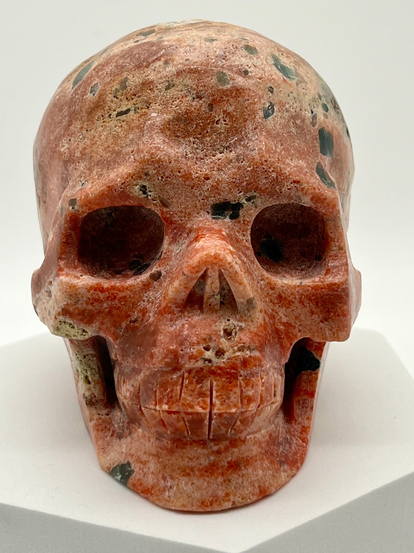 Large Sunstone with Blue Apatite Skull carving | Rare combination sunstone with blue apatite skull - 7 inches