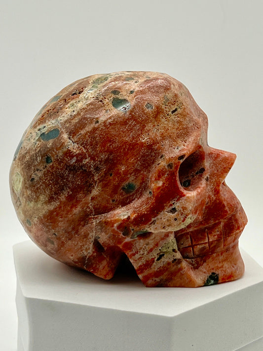 Large Sunstone with Blue Apatite Skull carving | Rare combination sunstone with blue apatite skull - 7 inches