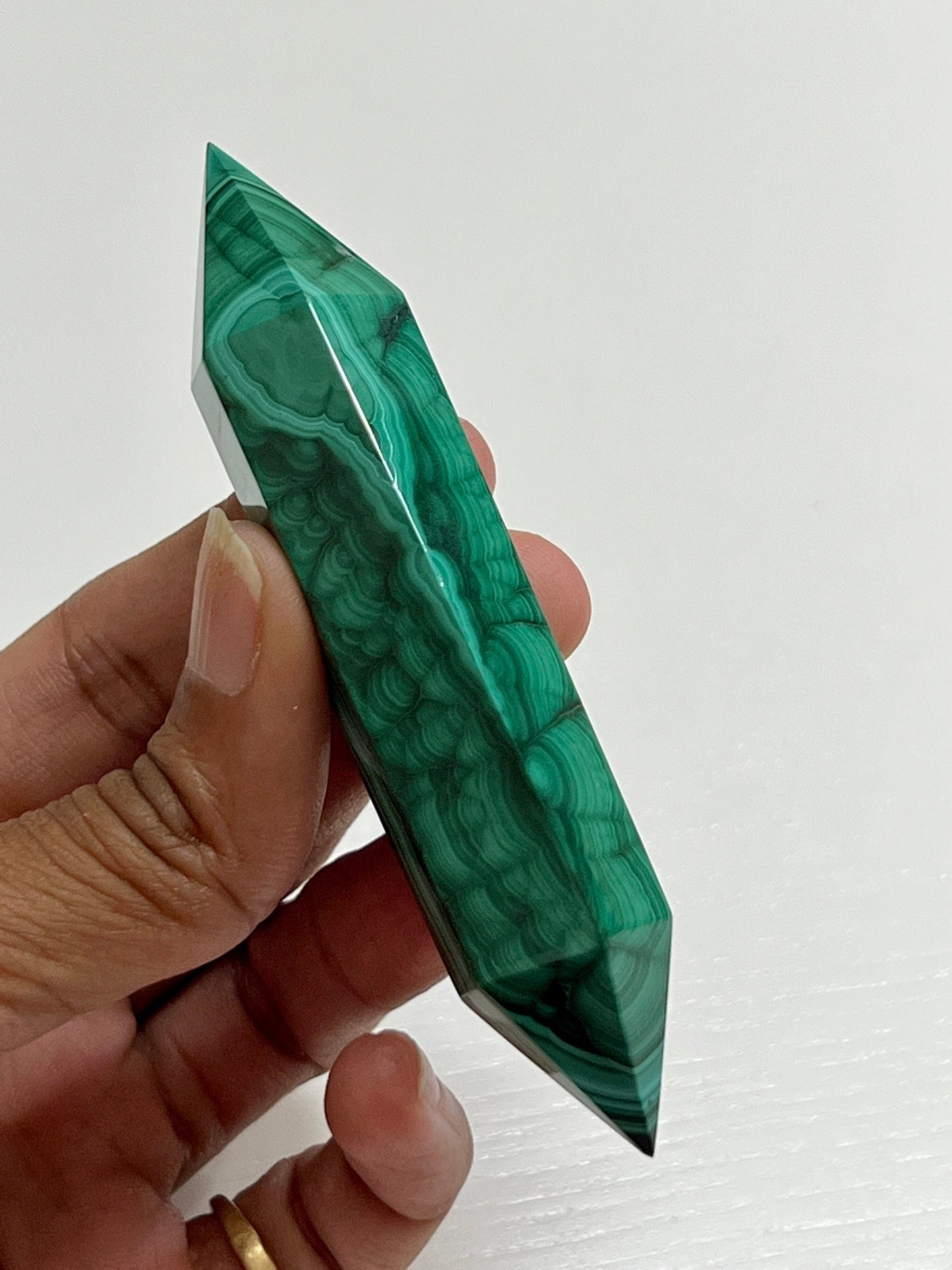 Malachite dt, double terminated cut malachite point, malachite crystal, green crystals