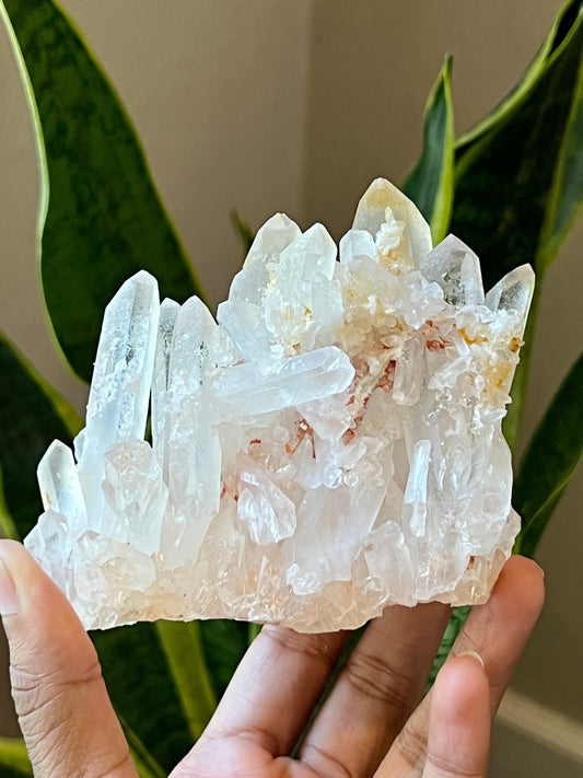 Clear quartz cluster with golden healer and Hematite inclusion