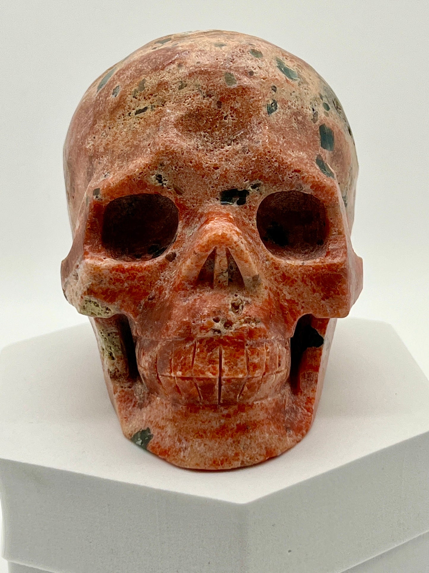 Large Sunstone with Blue Apatite Skull carving | Rare combination sunstone with blue apatite skull - 7 inches