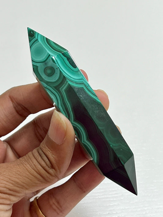 Malachite dt, double terminated cut malachite point, malachite crystal, green crystals