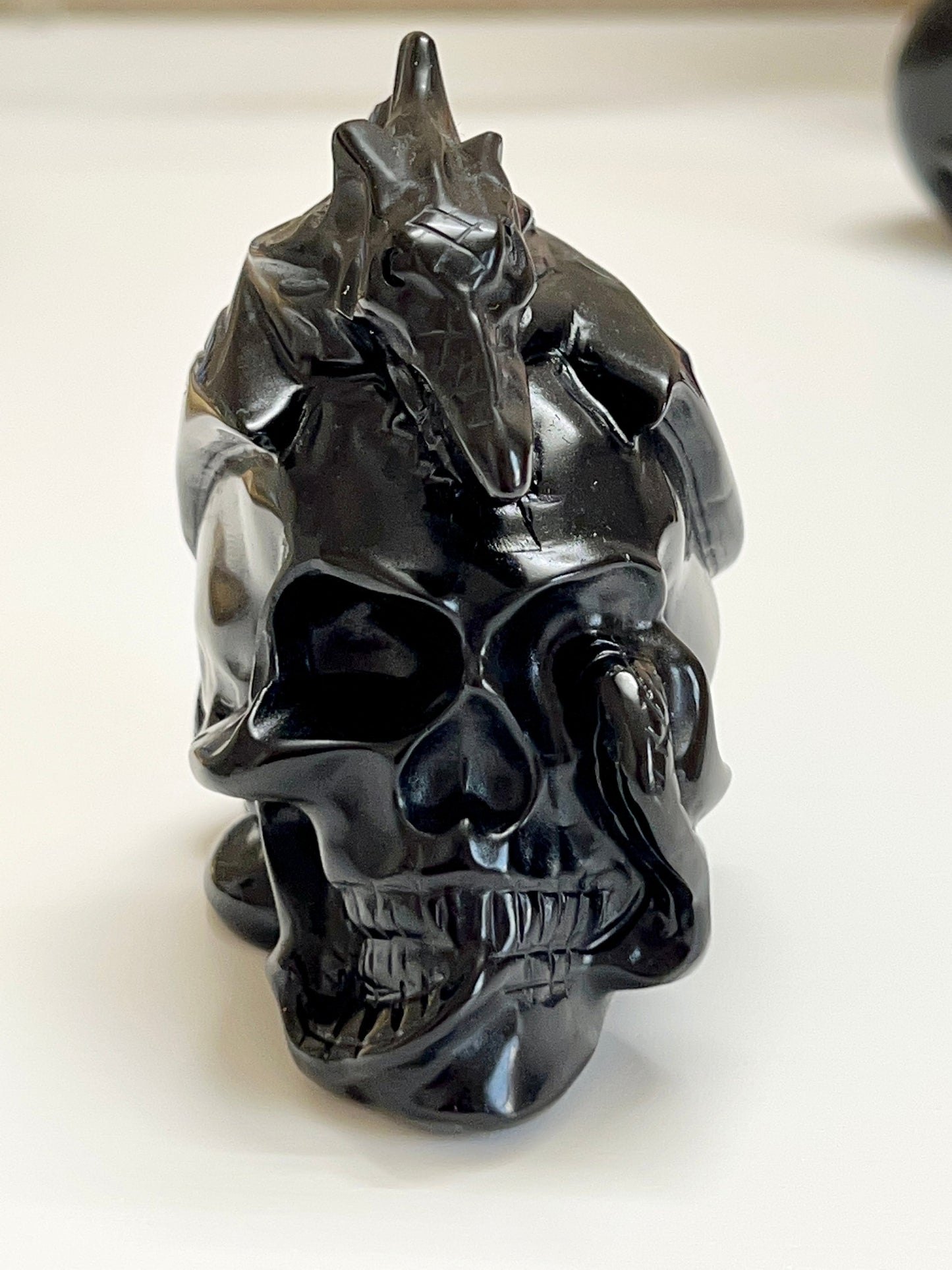 Black Obsidian Skull With Dragon On Top - 6 inches tall