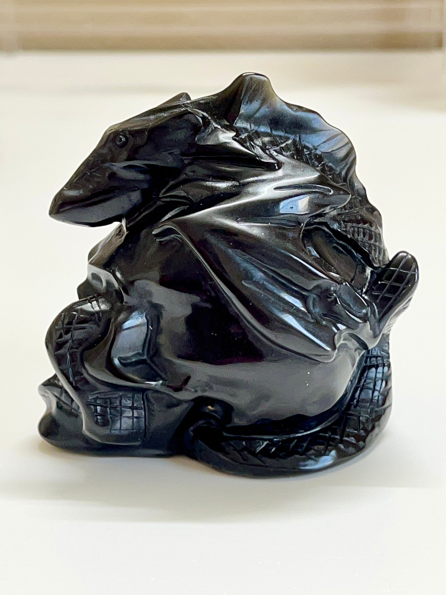 Black Obsidian Skull With Dragon On Top - 6 inches tall