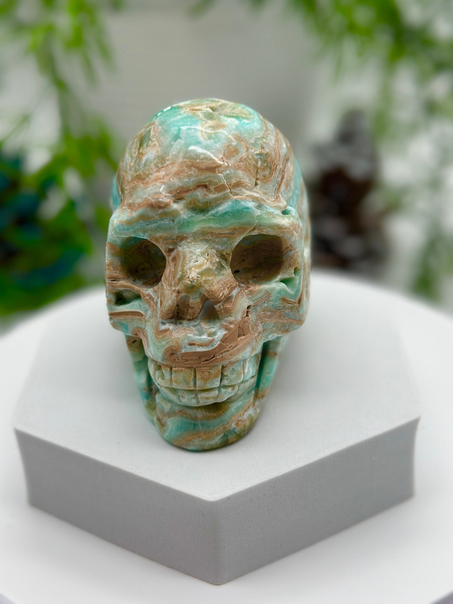 Turquoise Blue Aragonite Skull, Blue Aragonite Carved crystal skull