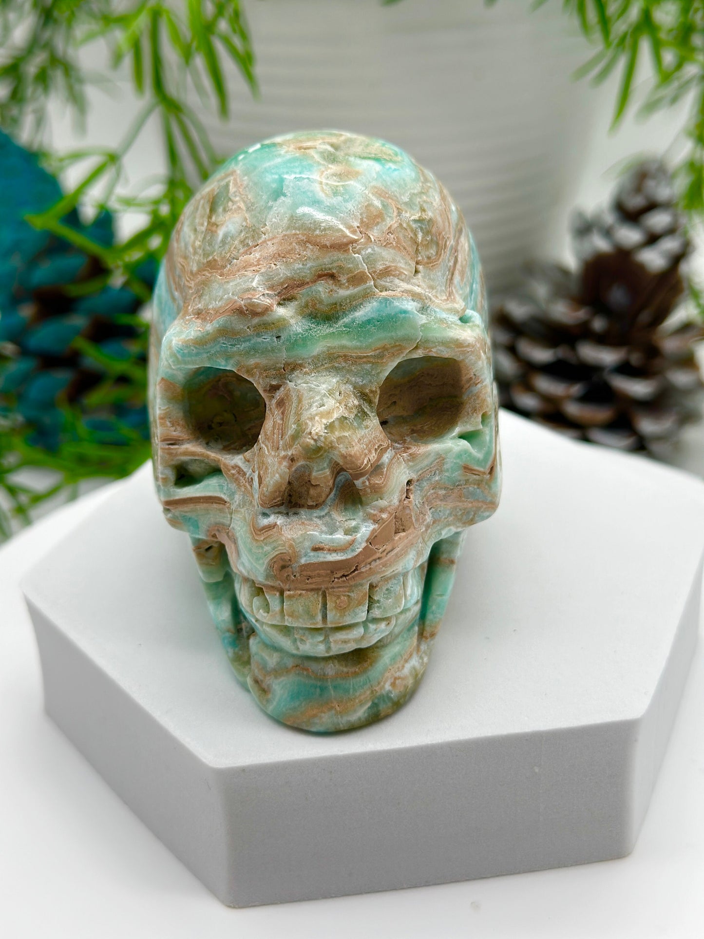 Turquoise Blue Aragonite Skull, Blue Aragonite Carved crystal skull