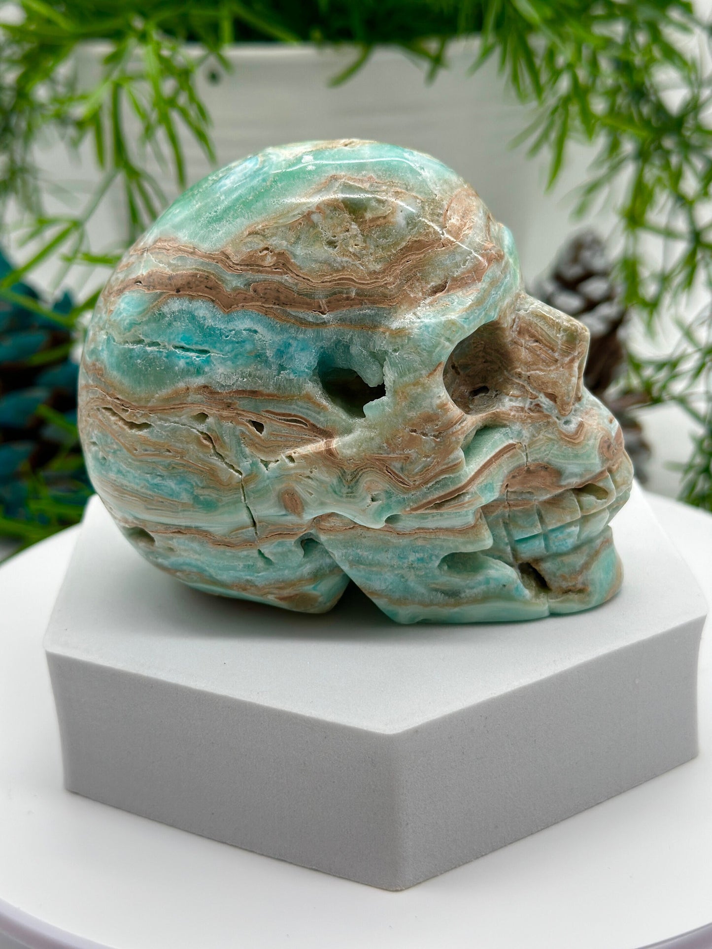 Turquoise Blue Aragonite Skull, Blue Aragonite Carved crystal skull