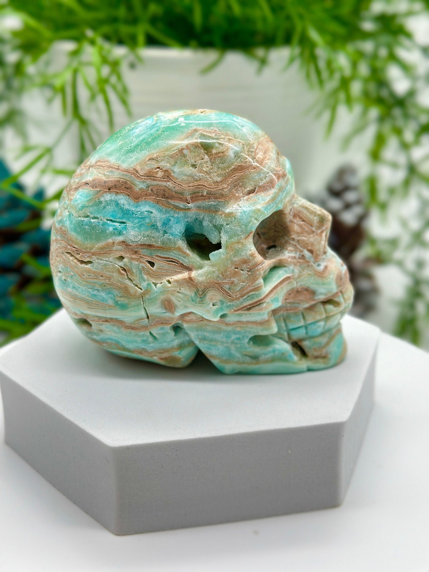 Turquoise Blue Aragonite Skull, Blue Aragonite Carved crystal skull