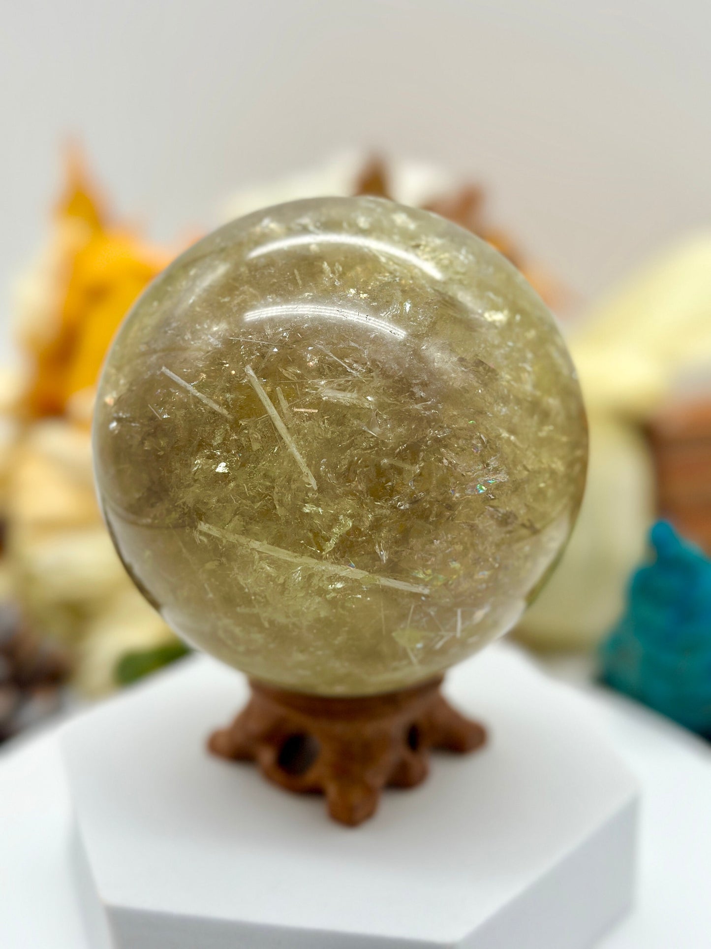 Unique large Natural Citrine Sphere with rutile and rainbows, 1.3kgs Citrine crystal sphere