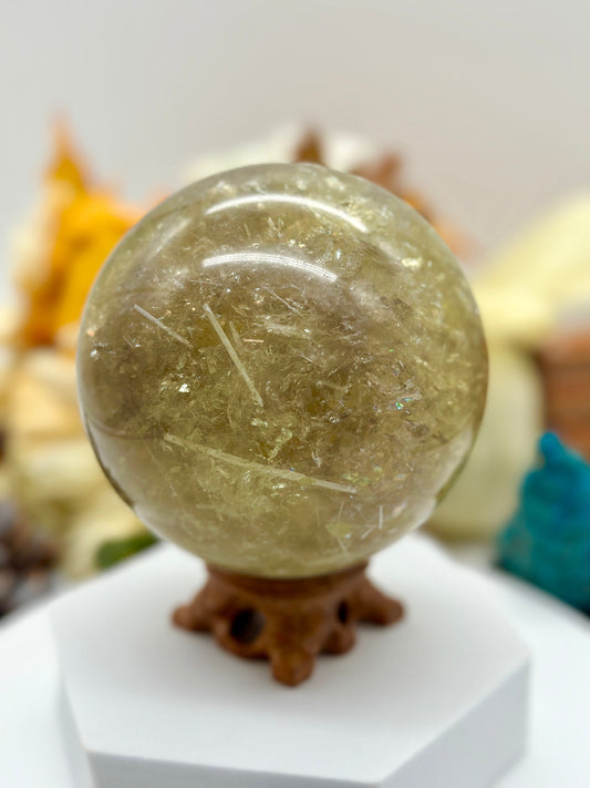 Unique large Natural Citrine Sphere with rutile and rainbows, 1.3kgs Citrine crystal sphere