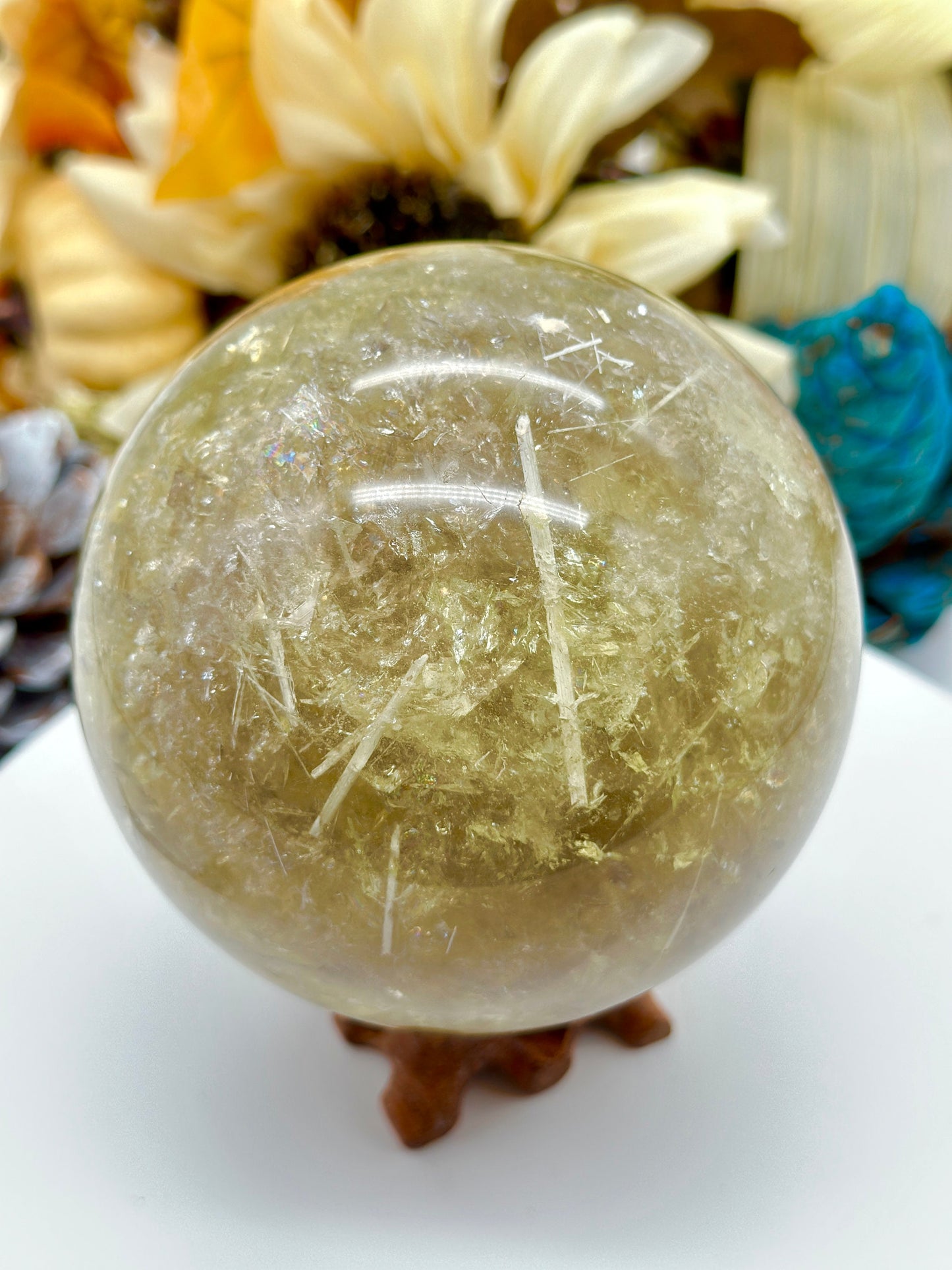 Unique large Natural Citrine Sphere with rutile and rainbows, 1.3kgs Citrine crystal sphere