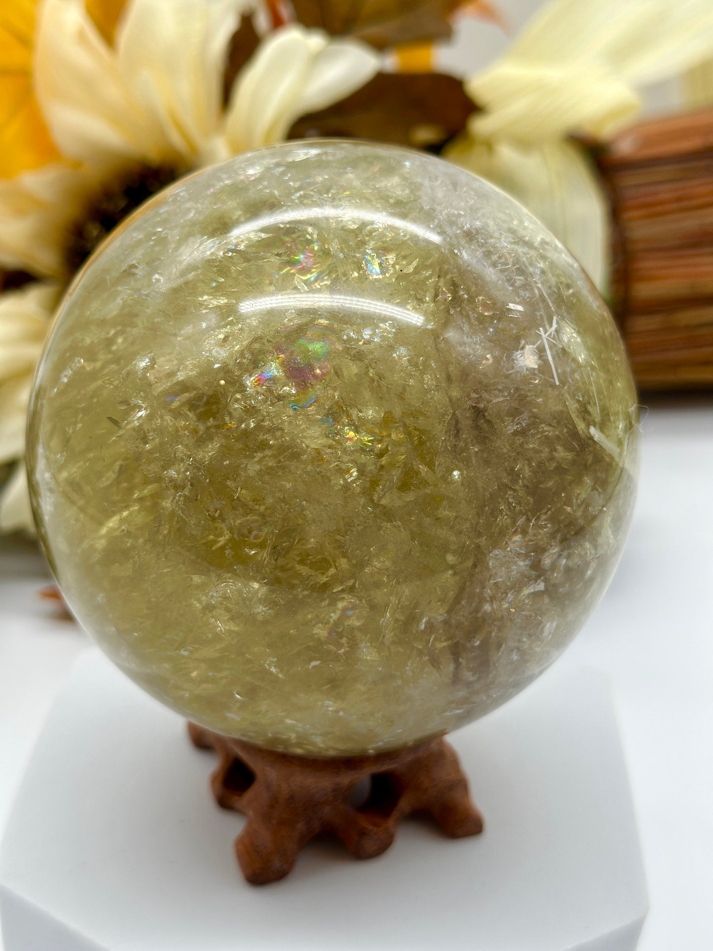 Unique large Natural Citrine Sphere with rutile and rainbows, 1.3kgs Citrine crystal sphere