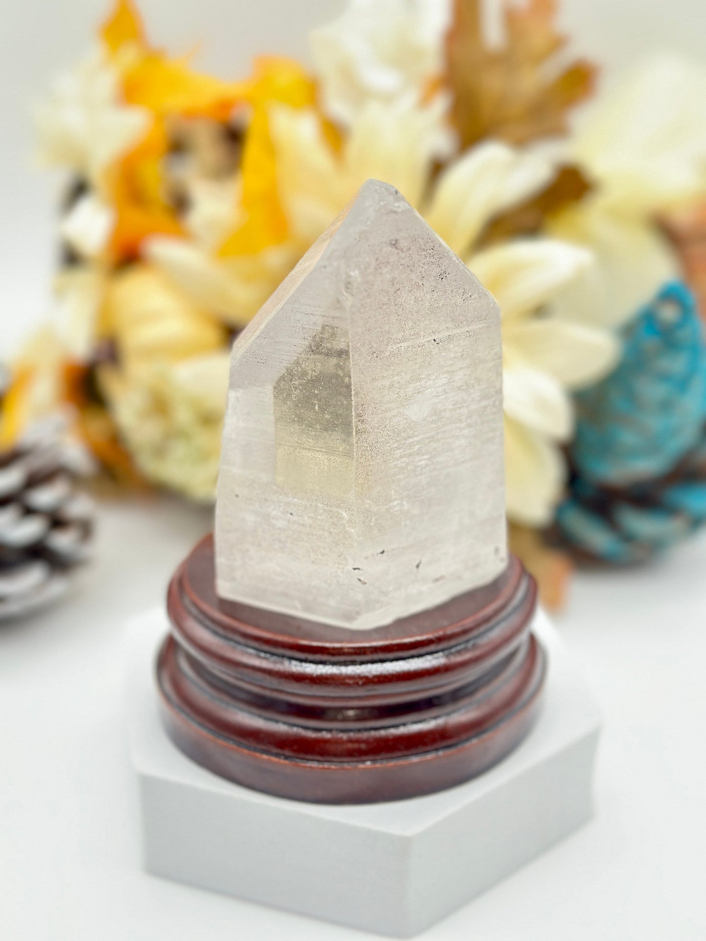 Large Lemurian DT on wooden stand, Natural Lemurian Seed Quartz from Brazil