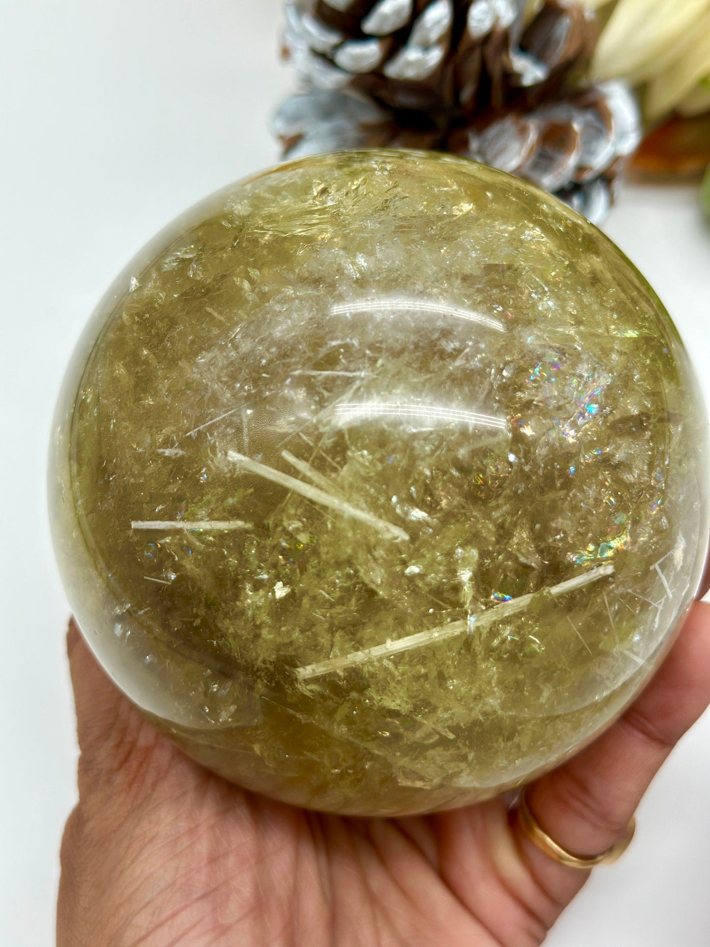 Unique large Natural Citrine Sphere with rutile and rainbows, 1.3kgs Citrine crystal sphere