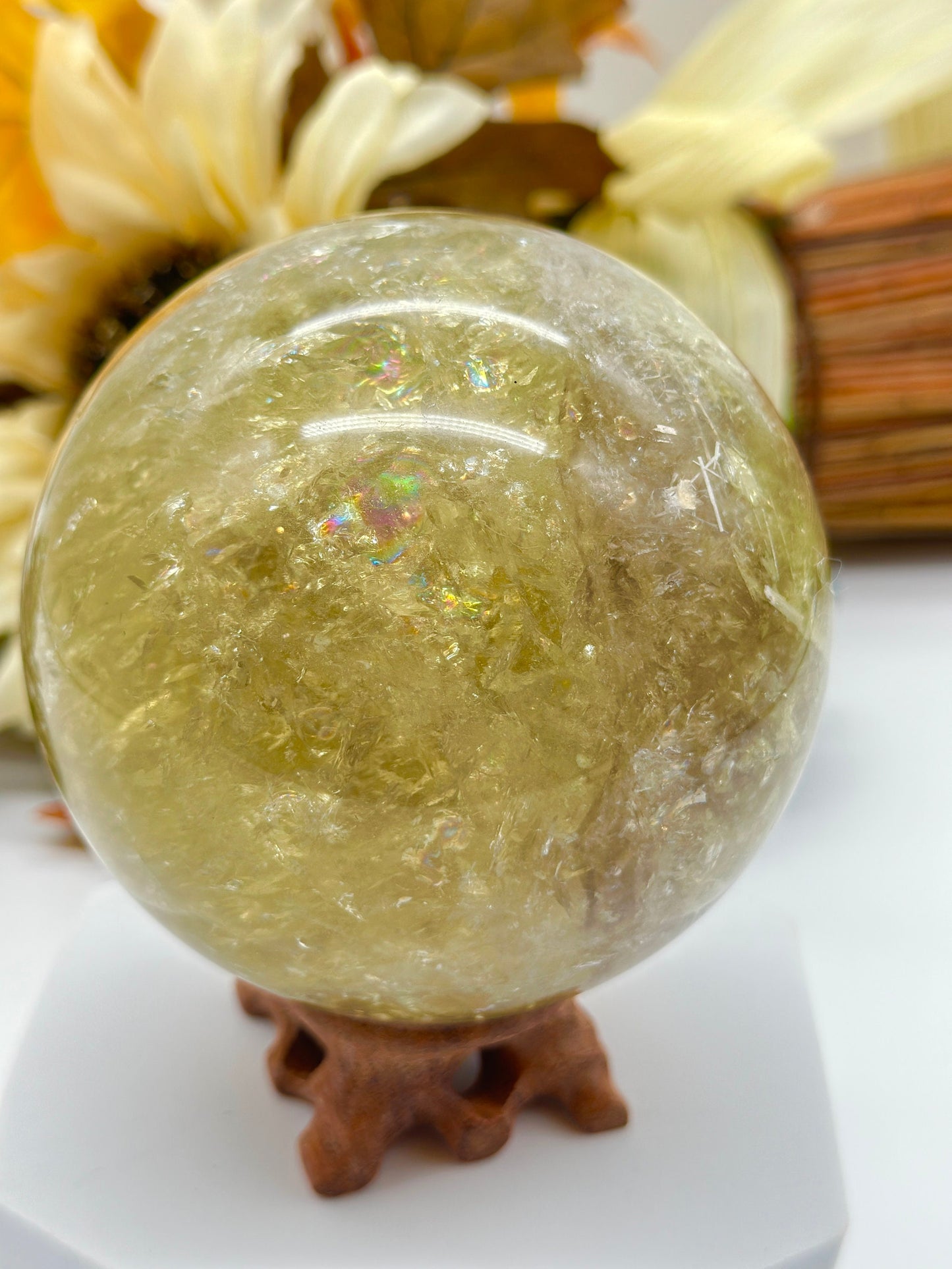 Unique large Natural Citrine Sphere with rutile and rainbows, 1.3kgs Citrine crystal sphere