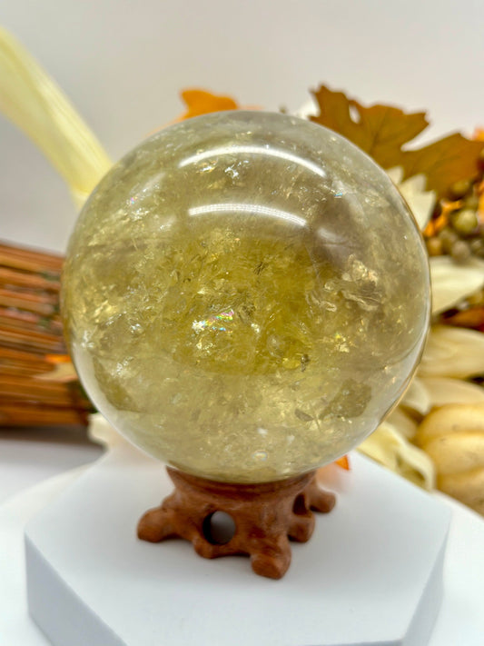 Unique large Natural Citrine Sphere with rutile and rainbows, 1.3kgs Citrine crystal sphere