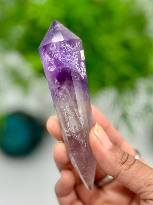 Amethyst Crystal Vogel point with rainbow inclusions 5 1/2"