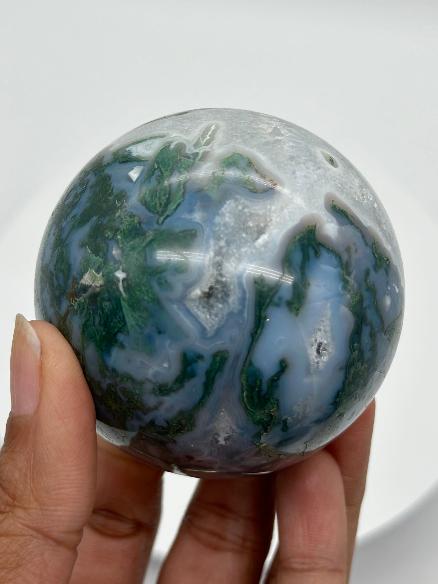 Blue Moss Agate Sphere with druzy, Natural Moss Agate Crystal Sphere, Quartz Crystal Ball, Home Decoration, Reiki Healing, Crystal Gifts