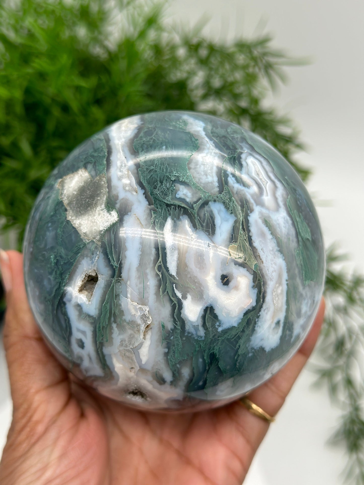 Large Moss Agate Sphere with Druzy, Natural Moss Agate Sphere, 1.2Kg and 105mm diameter