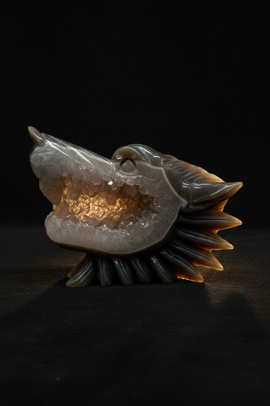 Agate Wolf head Carving with Druzy mouth | Agate Wolf head Carving |Agate White Geode Carved Crystal Wolf Head