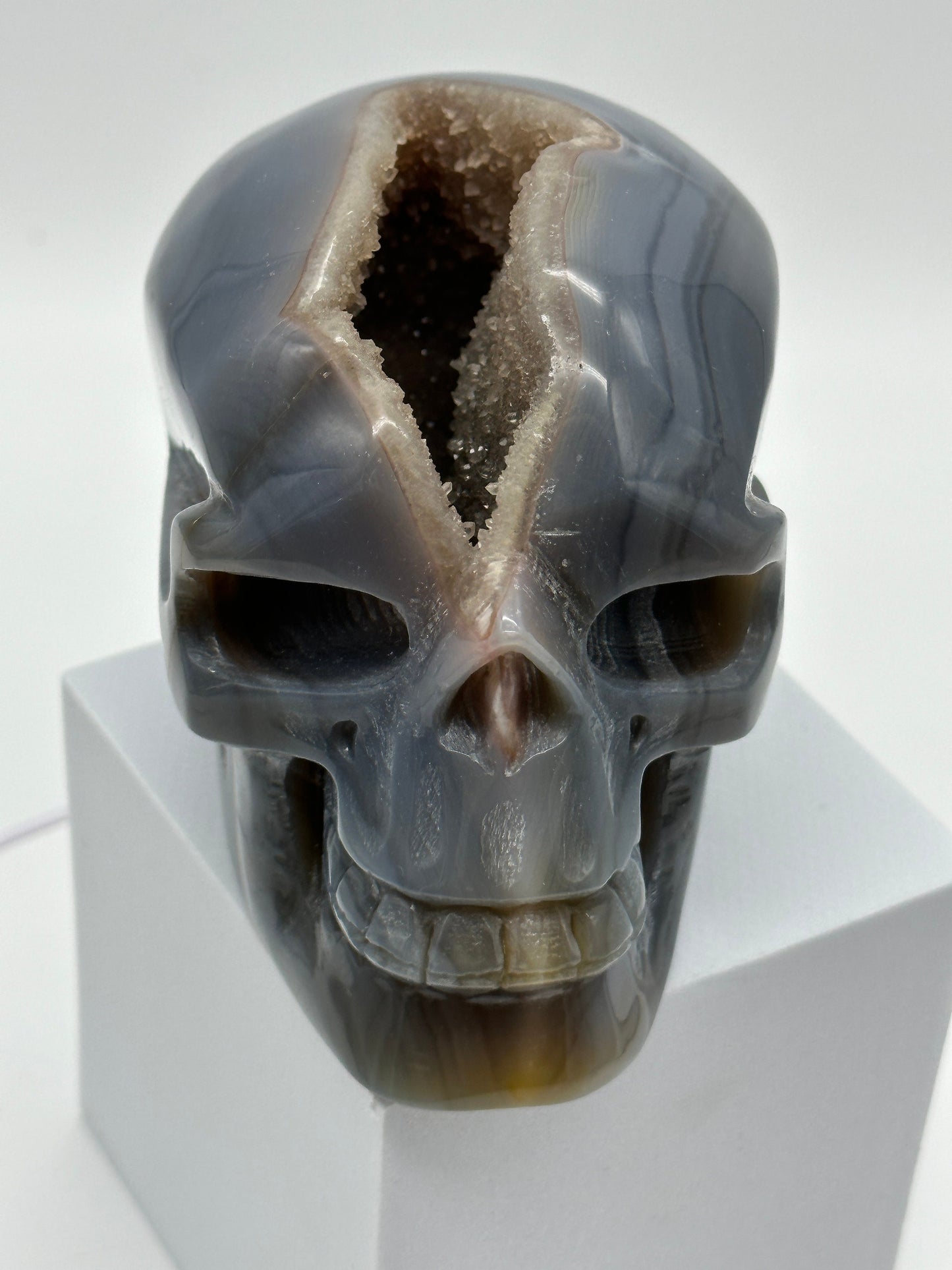 Blue Agate Skull | Druzy Blue Agate Skull  | Blue Lace Agate Skull- , hand made, hand carved, natural,  5 inches tall and 1kg