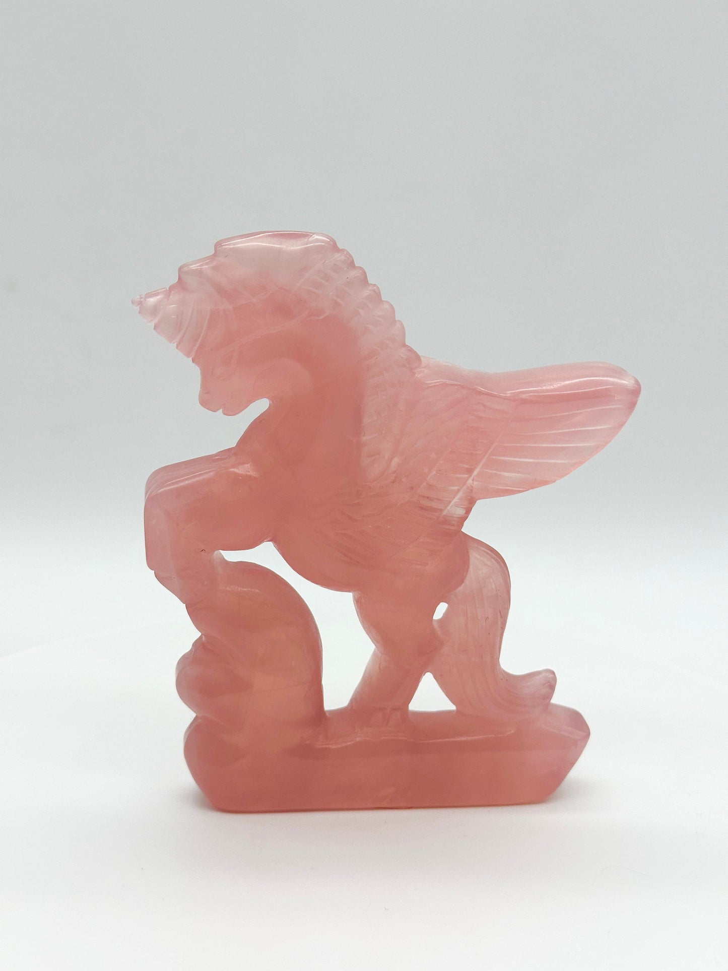 Rose Quartz Flying Unicorn Carving, Rose Quartz Unicorn carving, 5.2 inches tall