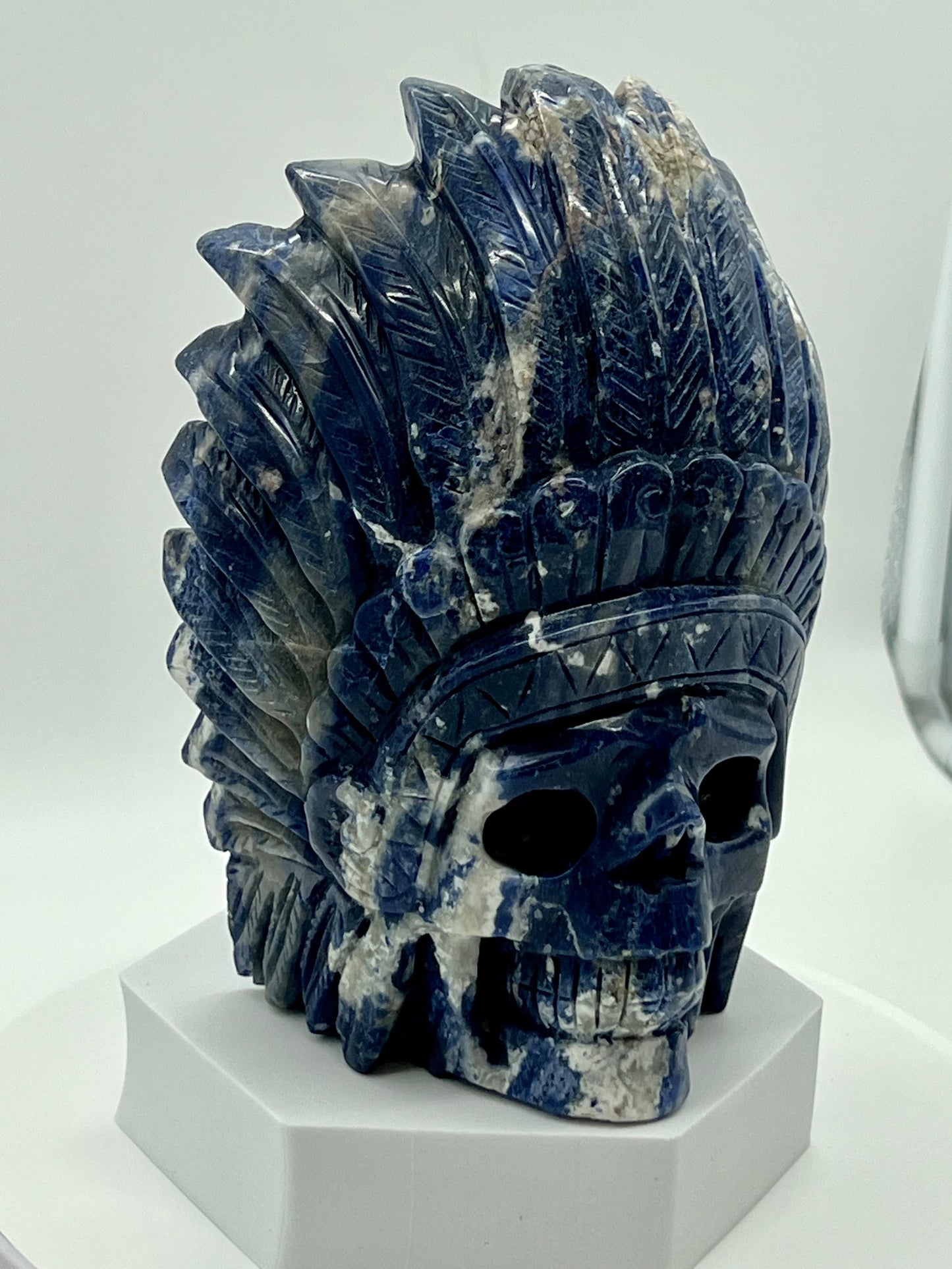 Beautiful large Sodalite Indian Skull, Sodalite Crystal Indian Skull Head Figurine Hand Carved, Sodalite Skull, 8 inches tall