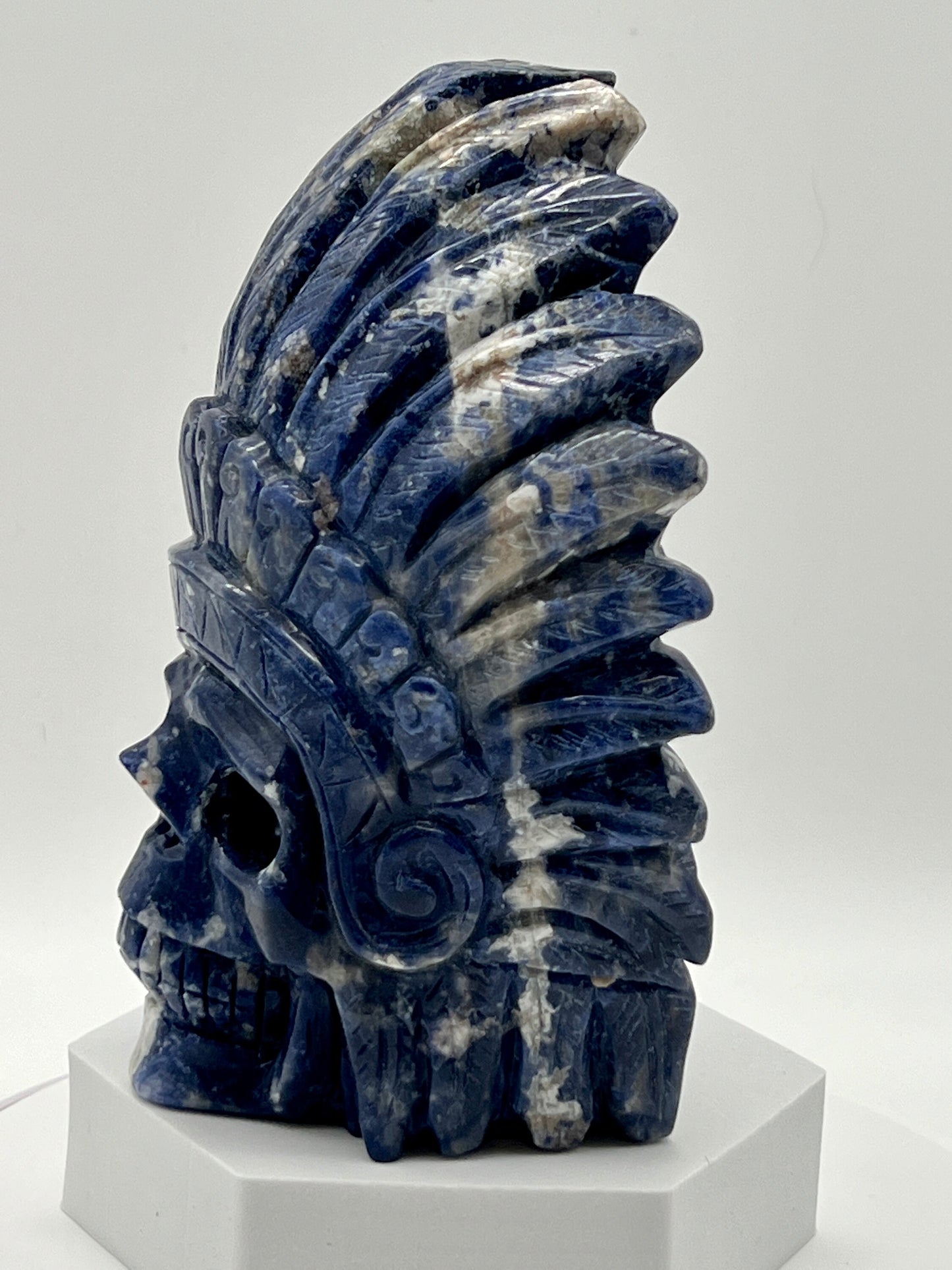 Beautiful large Sodalite Indian Skull, Sodalite Crystal Indian Skull Head Figurine Hand Carved, Sodalite Skull, 8 inches tall