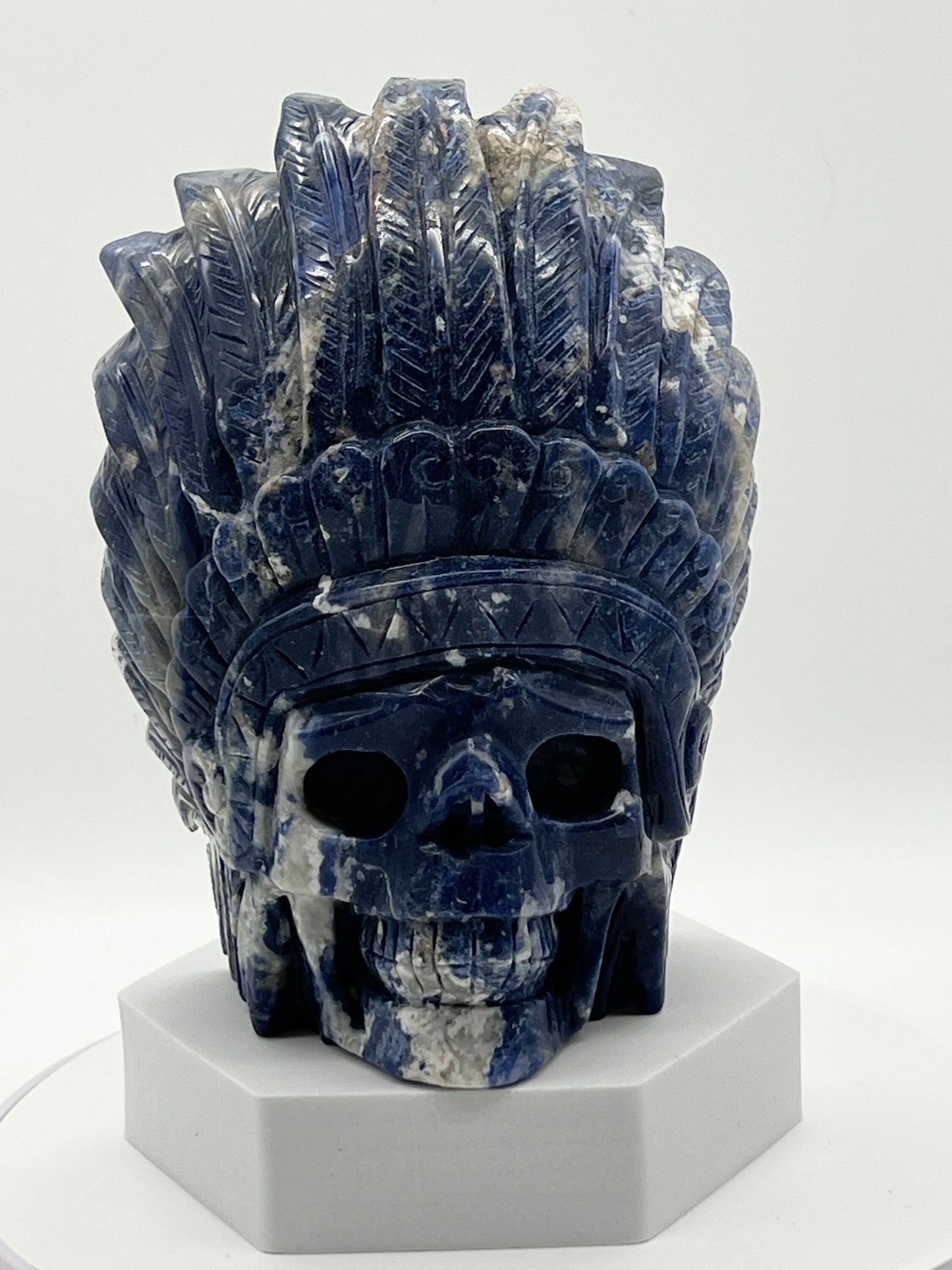 Beautiful large Sodalite Indian Skull, Sodalite Crystal Indian Skull Head Figurine Hand Carved, Sodalite Skull, 8 inches tall