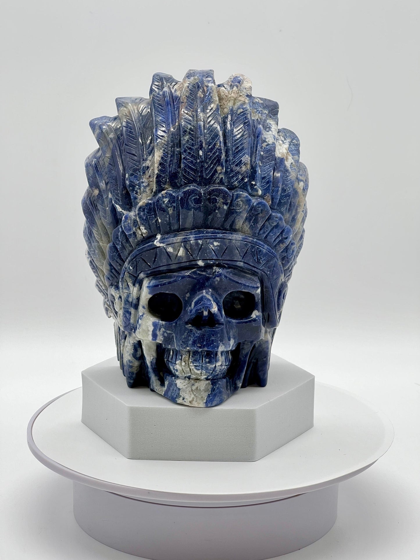 Beautiful large Sodalite Indian Skull, Sodalite Crystal Indian Skull Head Figurine Hand Carved, Sodalite Skull, 8 inches tall